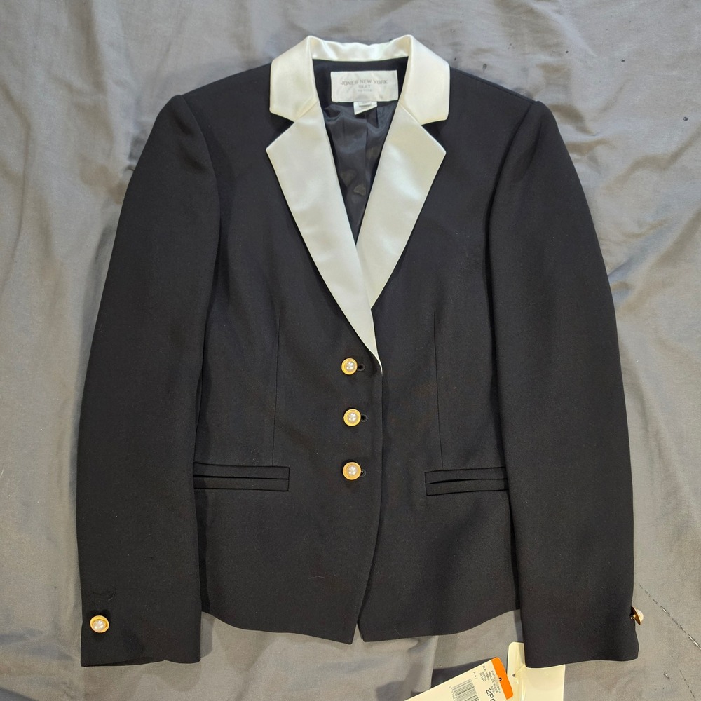 Jones New York Suit Petite Blazer Black Pearl Moulin Rouge Gold Button 6P NEW